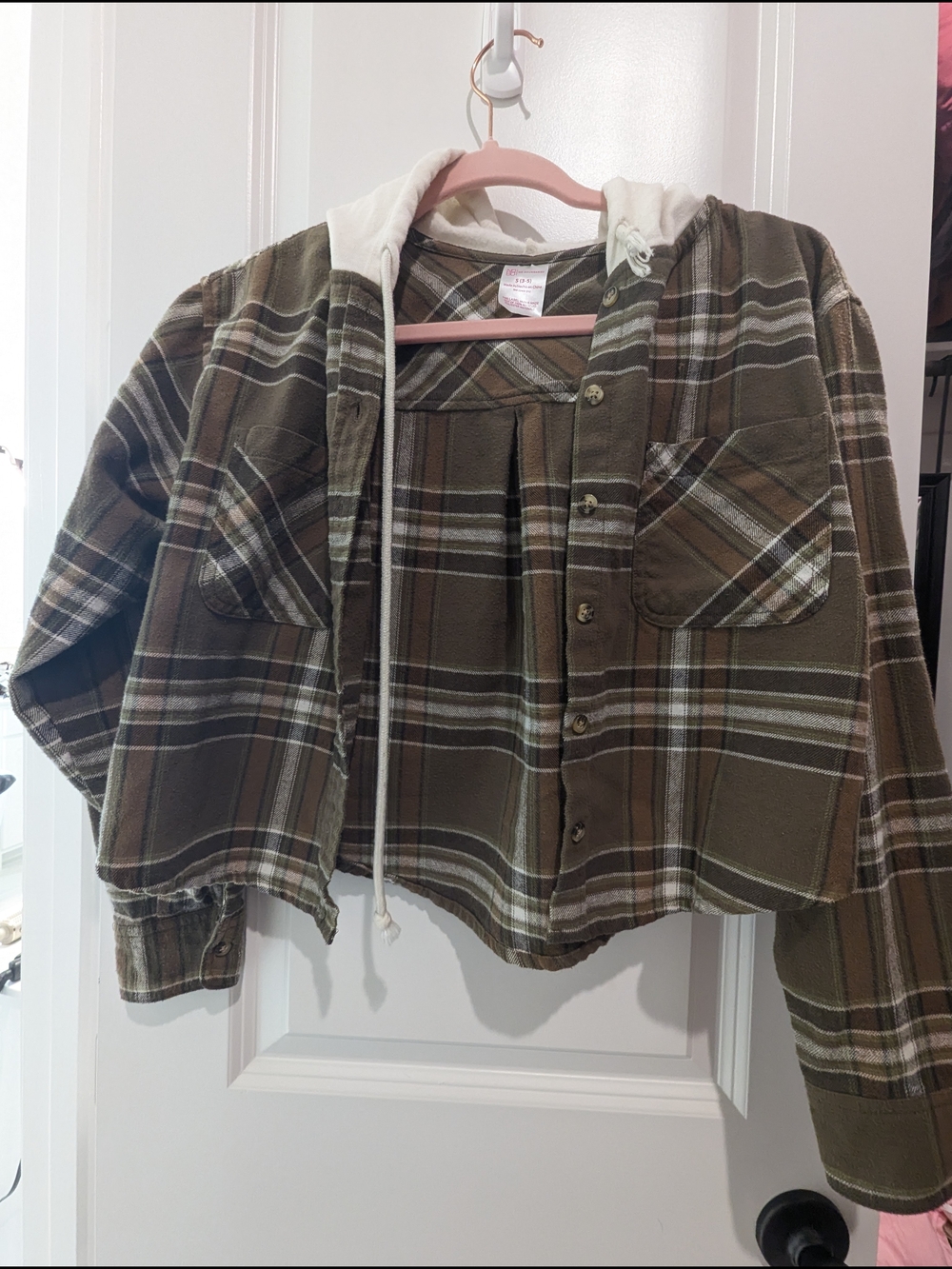 Cropped Olive Plaid Hooded Flannel Jacket